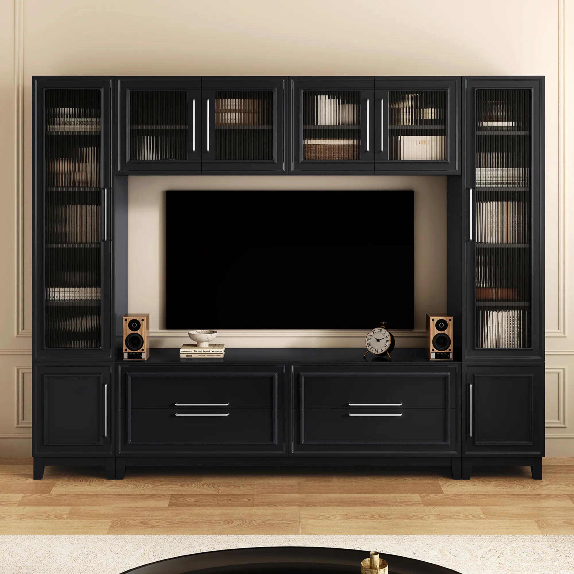VIBE HAUS 102" W Wall Unit Modern Entertainment Center with Glass Doors for TVs up to 75" Large Minimalist TV Stand Media Console with Drawers for Living Room Furniture, Home Furniture and Household Product Search Terms for US Online Shopping