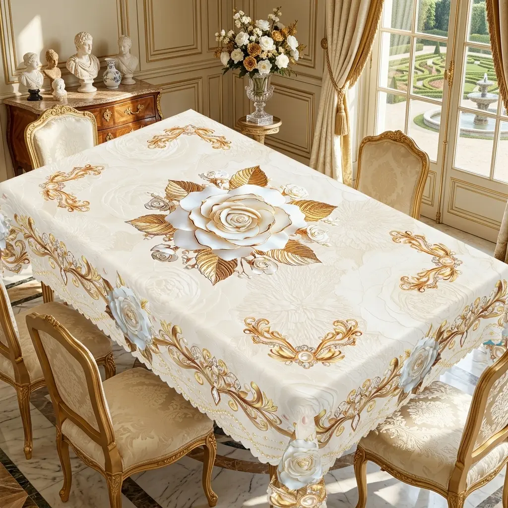 Elegant White & Gold Floral Tablecloth, Rectangular Dining Table Cover with Gray Botanical Print, Luxury Home, Party & Wedding Decor
