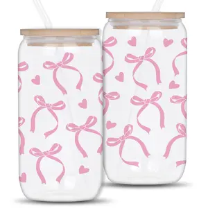 Coquette Pink Bow Pattern Glass Cup with Lid & Straw, 1 Count Vintage Bows Coquette Inspired Aesthetic Cup for Women, Birthday Gifts for Women Friend Sister Her