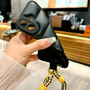 Luxury Liquid Down Jacket iPhone Case with Hand Strap | Oil Coated Protective Cover for iPhone 16 15 14 13 12 11 XR 7 8