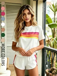 Two-piece women's fashion casual sportswear set, loose and slim-fit with rainbow striped design, perfect for summer, vacations, indoor, and outdoor wear