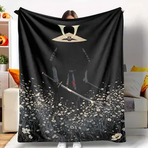Japanese Samurai Warrior Flannel Blanket Traditional Bushido Blade Silhouette Print Super Soft Lightweight Cozy Plush Bedding Ideal For Living Room Sofa Bed Camping Outdoors Birthday Gift Decorations