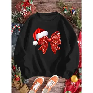 Christmas-themed & Santa hat sequin bow print fashionable Women's sweatshirt, suitable for spring, autumn and winter. New arrival Women's casual versatile retro crew neck -lined sweatshirt, available sizes S-XXL