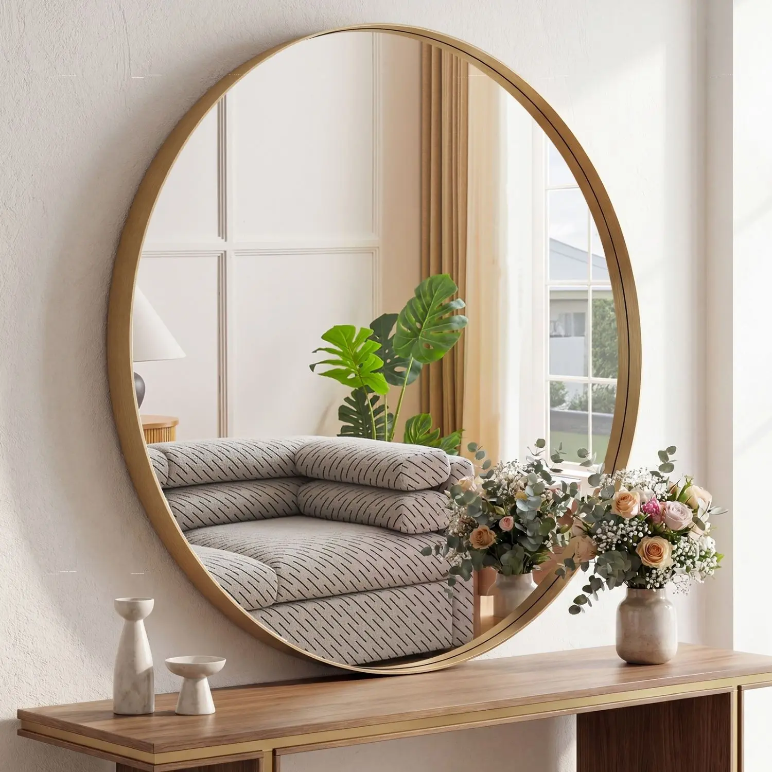 Round Wall Mirror, 20 Inch Gold Metal Framed Circle Vanity Mirror, Tempered Glass Anti-Rust Bathroom Mirror Over Sink, Wall Decor for Bedroom Entryway, Hanging or Leaning