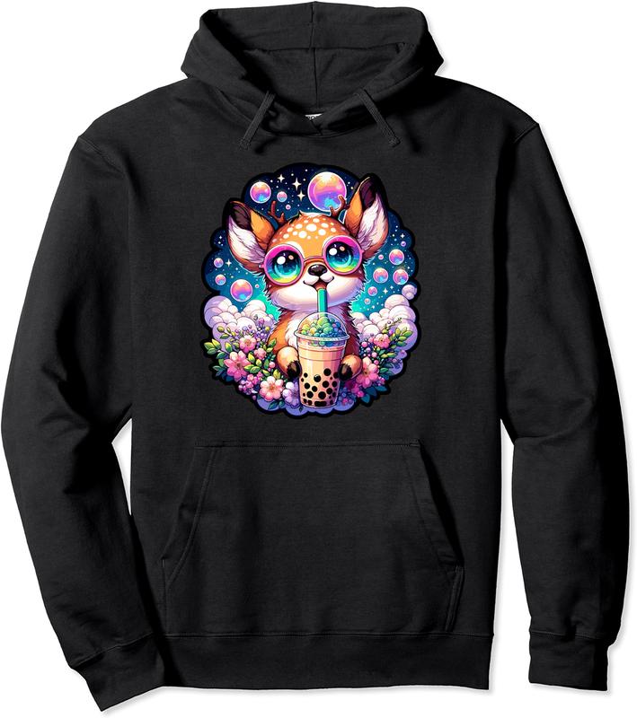 Cute Deer Rainbow kawaii Bubble Tea Anime Kawaii Milk tea Pullover Hoodie - Alexandriaro Shop 88B0D2PC2PYV