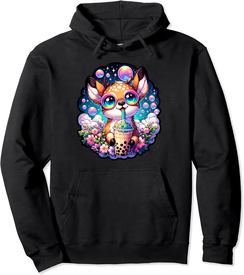 Cute Deer Rainbow kawaii Bubble Tea Anime Kawaii Milk tea Pullover Hoodie - Alexandriaro Shop 88B0D2PC2PYV