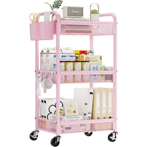 3 Tier Rolling Cart – Metal Utility Storage Cart with Wheels, Craft Cart Organizer with Hanging Cups, Hooks, Mesh Basket for Bedside Kitchen Office Art, Pink