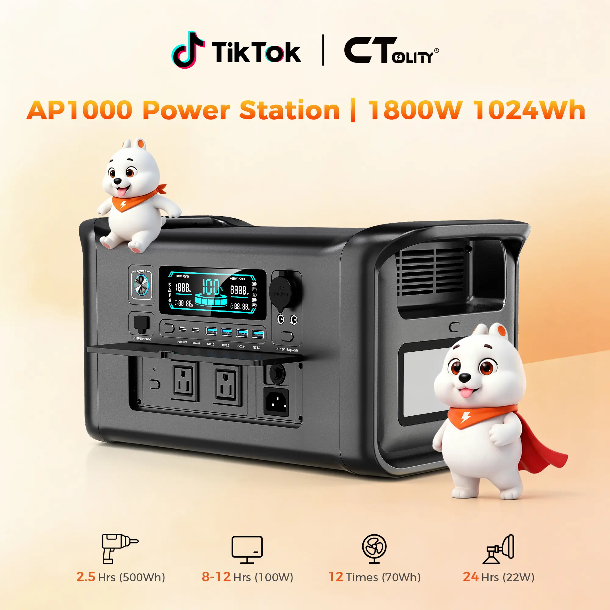 [Techvibes Toolupgrade]CTOLITY AP1000 1800W,1024Wh Portable Power Station, LiFePO4(LFP)Battery, Full Charge in 1 Hr, 100W USB-C Output, 1000W AC Input, Solar Generator for Home Back up, Camping, Travel, RVs Emergencies Bank Plug, TikTokShopFallDealsForYou