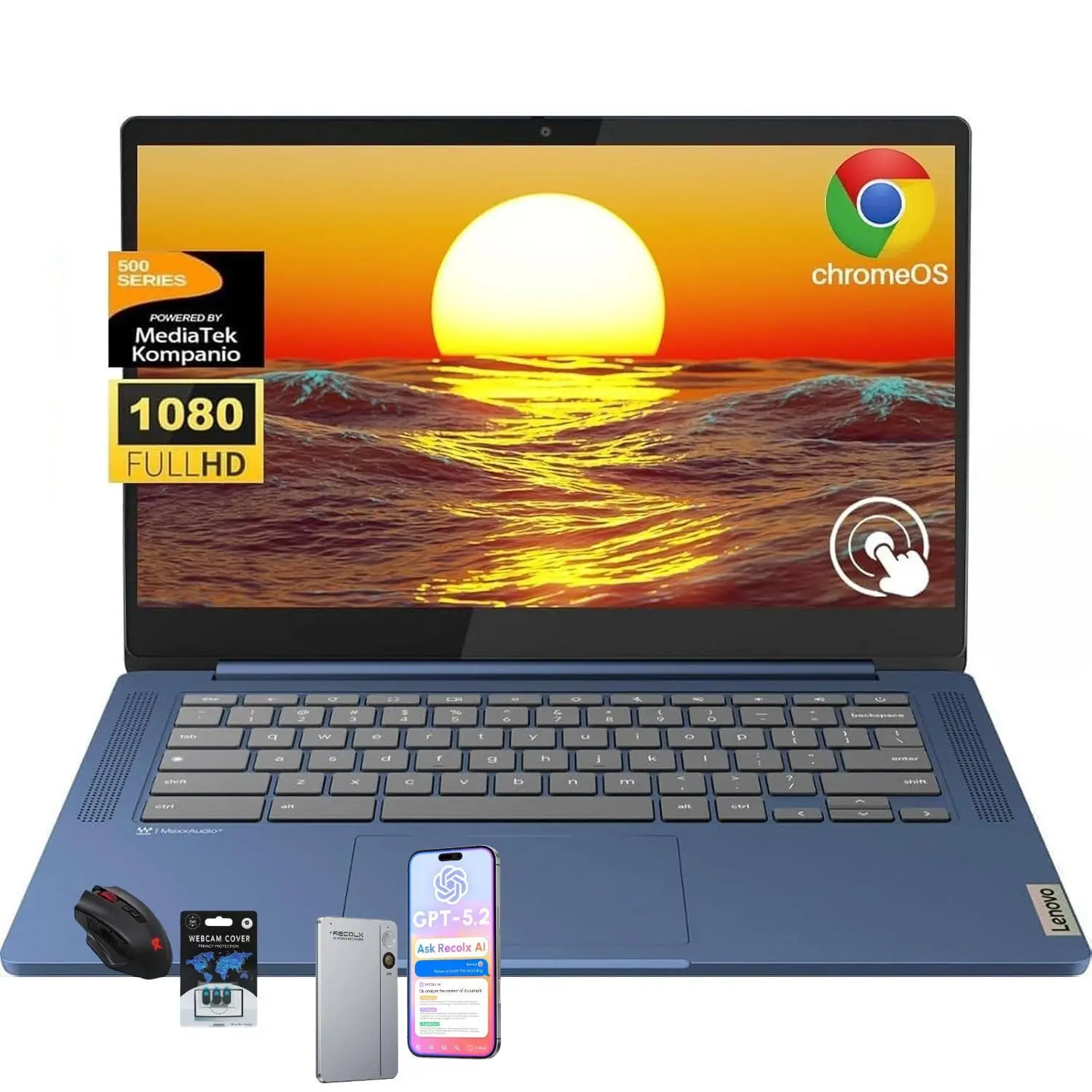 Lenovo 2026 Slim 3 14" FHD Touchscreen Chromebook | 8-Core MediaTek 520, Up to 16GB RAM, 64GB eMMC+128GB Micro SD, 13.5H Battery, WiFi 6, Chrome OS, Student Business Laptop with Bundle Accessory
