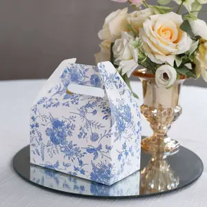 25 Pack White Blue Candy Gift Tote Gable Boxes in French Toile Pattern, Party Favor Treat Boxes - 6"x3.5"x7"
