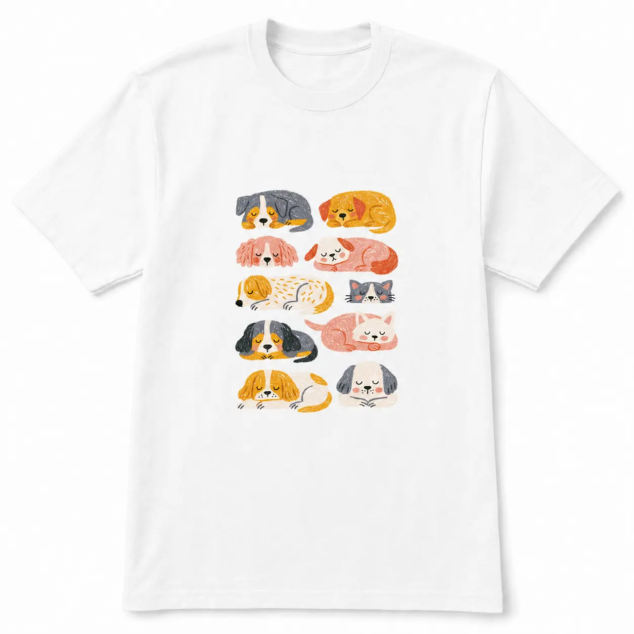 Men's Cute Sleeping Dogs & Cats Graphic T-Shirt - White Multi-Color Print, Unisex Short-Sleeve Crewneck, Soft Breathable Cotton, Casual Streetwear Top, Sweet Animal Nap Outfit, Style 2677, Shortsleeve, Menswear