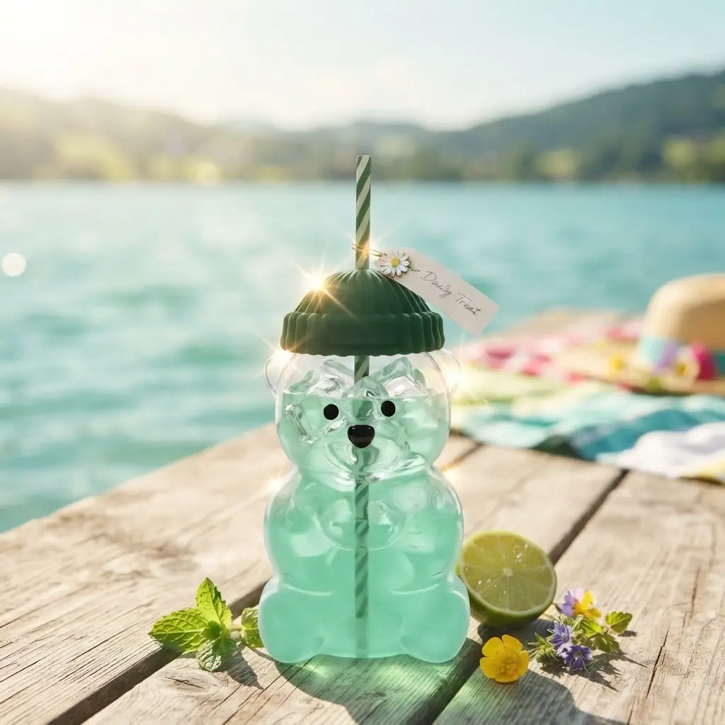 20oz Cute Bear Glass Cup with Lid and Straw, Aesthetic Borosilicate Heat-Resistant Drinkware for Hot & Iced Coffee, Kawaii Clear Tumbler for Daily Use, Office & Party, Ideal Birthday & Holiday Gift for Women and Teens