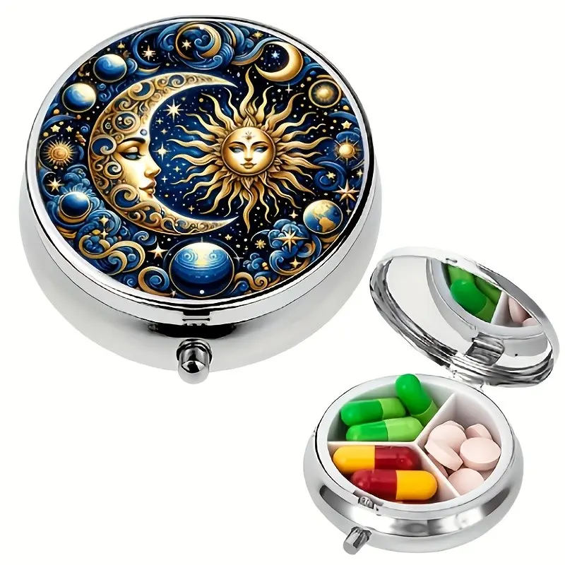 1 Elegant Celestial Sun And Moon Pill Box - 3 Compartment Portable Metal Medicine Organizer with Vibrant Starry Night Design, Ideal for Travel, Daily Use, And Unique Gift Ideas, Daily Medication Holder  Celestial Theme  Metallic End