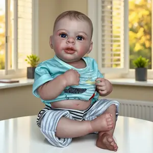 18 Inch Cute Open Eyes Full Body Vinyl Boy Doll With Painted Hair Blue Eyes Hand-Painted Skin Waterproof Flexible Reborn Boy Doll Collectible Toys