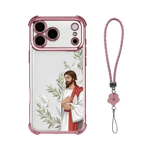 Luxury Jesus Dove Pattern Clear Shockproof Phone Cases with Strap Lanyard for iPhone 17 Pro max 16 15 14 13 12 11 Pro max Plus Air Transparent Electroplated Soft TPU Protection Cover Good Spring Summer Gifts