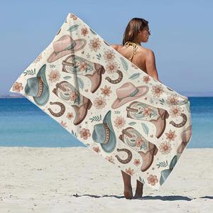 cowboy & flower pattern beach towel, quick-dry breathable towel, soft water absorbent towel for home beach vacation camping