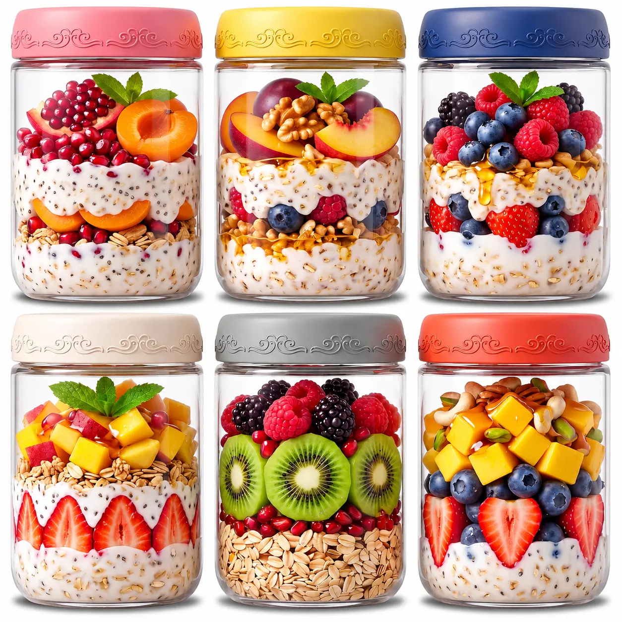4/6 Pack Airtight Glass Overnight Oats Jars with Lids, Wide Mouth Kitchen Utensils Food Storage Containers for Yogurt, Meal Prep, Snacks