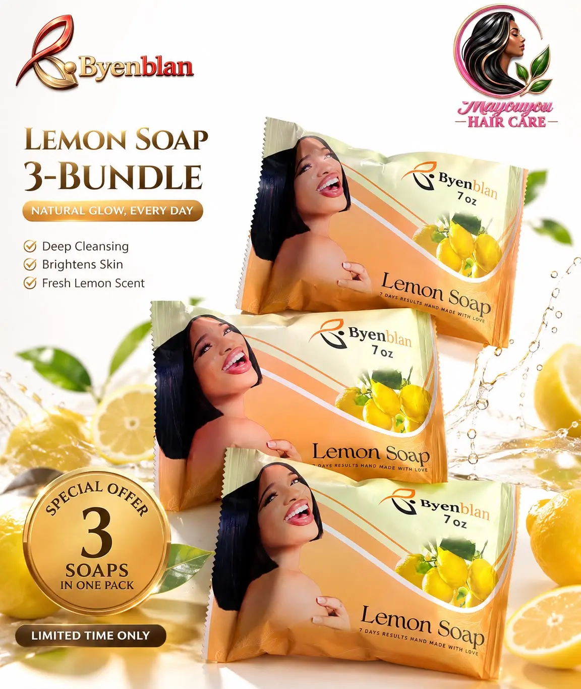 Mayouyou 3-Piece Byenblan Lemon Face and Body Soap Set, Natural Cleansing Soap for Bath & Shower (Beauty & Personal Care)
