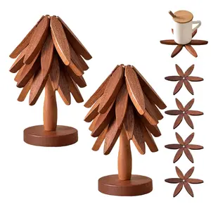 1PC Natural Foldable Walnut Wooden Trivet Set - 4 Trivets + 1 Stand for Bowl Hot Dishes Pot Teapot Hot Pot Holders