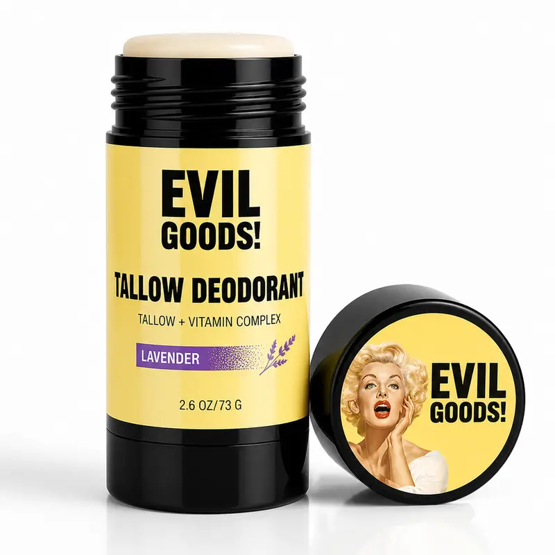 EVILGOODS Natural Tallow Body Deodorant Stick - 2.6oz, 100% Grass-Fed Beef Tallow, Kaolin Clay, Aluminum-Free, Fragrance-Free, Moisturizing, Sensitive Skin Friendly, Non-Toxic Clean Beauty Odor Control for Adults, Fragrance Free Deodorant
