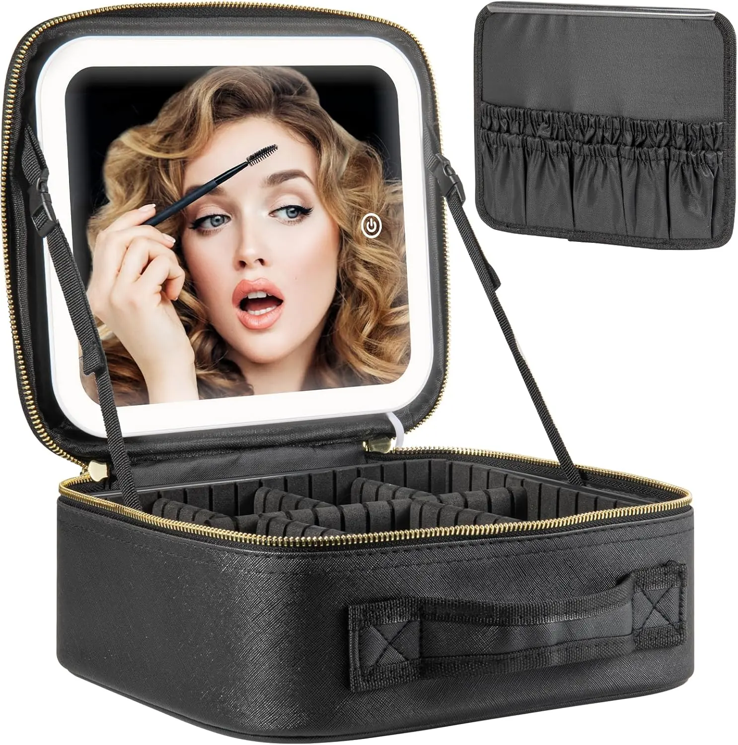 Travel Makeup Bag with Mirror of LED Lighted, Makeup Train Case with Adjustable Dividers, Makeup Case with Mirror and Detachable 10x Magnifying Mirror