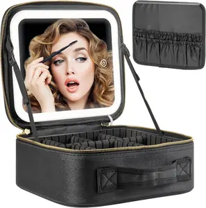Travel Makeup Bag with Mirror of LED Lighted, Makeup Train Case with Adjustable Dividers, Makeup Case with Mirror and Detachable 10x Magnifying Mirror