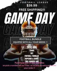 Football League Game Day Football Bundle - Includes Your choice of T-shirt or Sweatshirt Tote Bag Makeup Bag Tumbler Popcorn Candy & More Complete Your Tailgate Fun