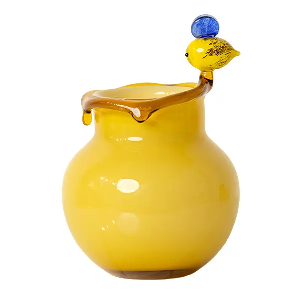 Hand Blown Yellow Glass Vase with Cute Bee Ornament, Drip Rim Decorative Flower Vase, Water Floral Vase for Fresh Flowers, Aesthetic Tabletop Home Decor