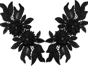 3D Lace Beads Flower Applique Patches Sew on Patches Embroidery Appliques Rhinestone Sewing Wedding Dress Collar Decor Black