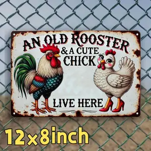 1pc Vintage "An Old Rooster & Cute Chick Live Here" Aluminum Sign 8x12 Inch - Rustic Farmhouse Wall Decor for Home, Kitchen, Garden, Barn - Durable Weather-Resistant Metal Art with Pre-Drilled Holes, Garden Signage |   Whimsical Animal Desi