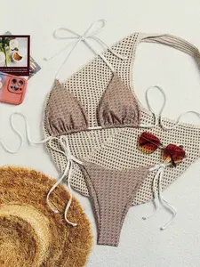 Women's Summer Beach Full Print Halter Tie Sexy Bikini Set, Backless Knot Triangle Top, Side Strap Thong, High Stretch Boho Ethnic Influence Swimwear Swimsuit Set