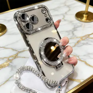 Luxury Glitter Diamond Case for iPhone 13-17 Pro Max Shockproof Protective Clear Cover with Hidden Makeup Mirror and Foldable Rhinestone Kickstand Cute Sparkly Phone Case for Women Girls