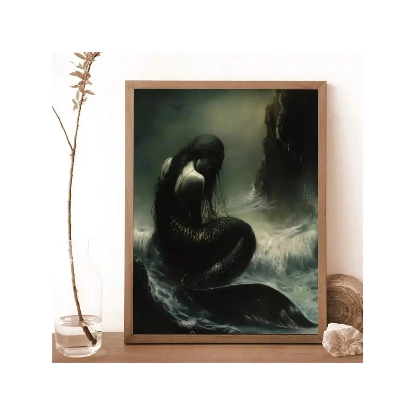 Unframed Vintage Mermaid Seascape Scene Canvas Art Print - Waterproof Dark Fantasy Siren Hanging Painting, Arcadian Cottagecore Home Accent for Living Room, Bedroom Decoration, ML1177