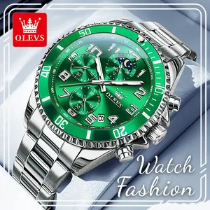 OLEVS 2926 Men's Watch, 43mm Green Large Multi-Functional Dial, Chronograph & 24-Hour Indicator, Luminous Hands & Water Resistant, Stylish Practical Sport Wristwatch