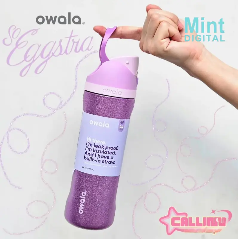 Owala FreeSip Eggstra Mint Water Bottle 24oz 32oz Insulated Stainless Steel Tumbler with Straw Purple Glitter Leak Proof Cup