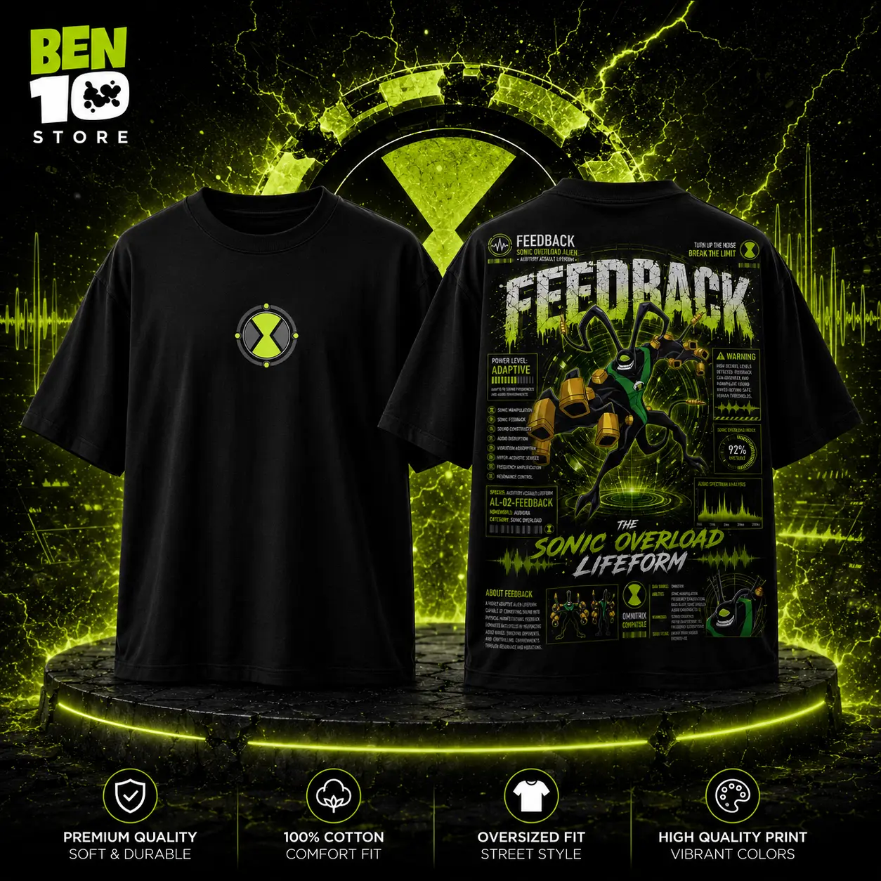 Ben 10 Ultimate –  Feedback The Sonic Overload Heavy Cotton T-Shirt – Retro 90s TV Series, Movie & Game Superhero Vintage Graphic Tee, Classic Comic Style Unisex for Fans & Collectors