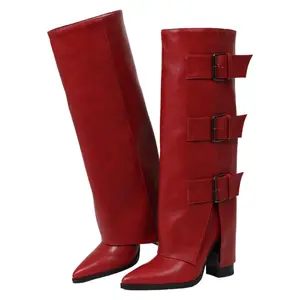Women's Retro Style Red Belt Buckle High Boots with Fashionable Pointed Toe and Thick Heel Personalized Long Boots for Stylish Looks