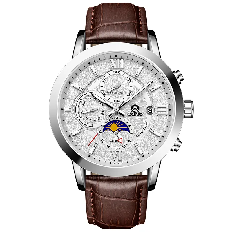 CAINUOS 902 Men 40mm Moon Phase Leather Watch, Multi-Function Month Week 24H Date Calendar Quartz Wristwatch, Vintage Roman Numeral Quiet Luxury Old Money Business Dress Watch for Men Office Daily