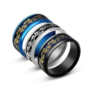 LUX-JEWEL - 8mm Stainless Steel Domineering Dragon Pattern Rings for Men Women Punk Inlaid Blue Carbon Fibre Ring bagues pour femme