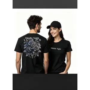 Unisex Middle Night Rose Print T-Shirt, Dark Aesthetic Couple Top