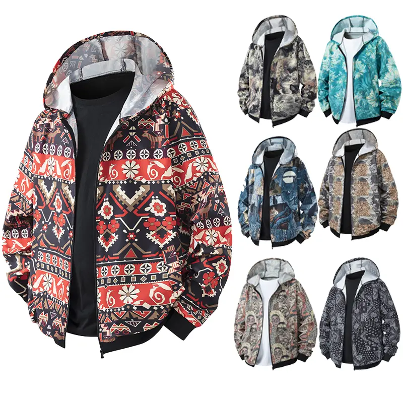 New Autumn Men’s Full-Zip Hooded Jacket — Ethnic Style Floral & Vintage Pattern All-Over Print Design, Loose Casual Streetwear Outerwear, Available in 7 Colorways