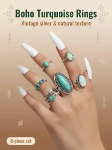 8pcs Boho Turquoise Ring Set✨Vintage Antique Silver Vibe Alloy | Opal Accents & Carved Details | Perfect for Stacking, Stackable, Festival & Western Style Outfits Carved Detailing