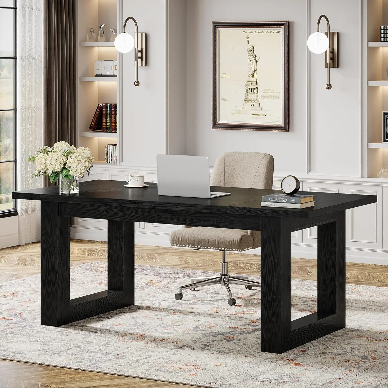 LITTLE TREE 63-Inch Executive Desk, Modern Wood Office Desk, Large Computer Table with Solid Wooden Base, Work Desk for Home Office