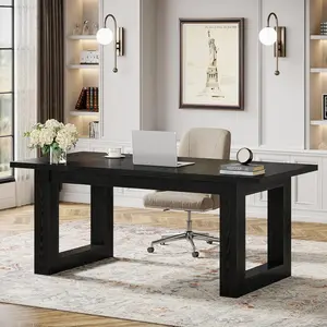 LITTLE TREE 63-Inch Executive Desk, Modern Wood Office Desk, Large Computer Table with Solid Wooden Base, Work Desk for Home Office