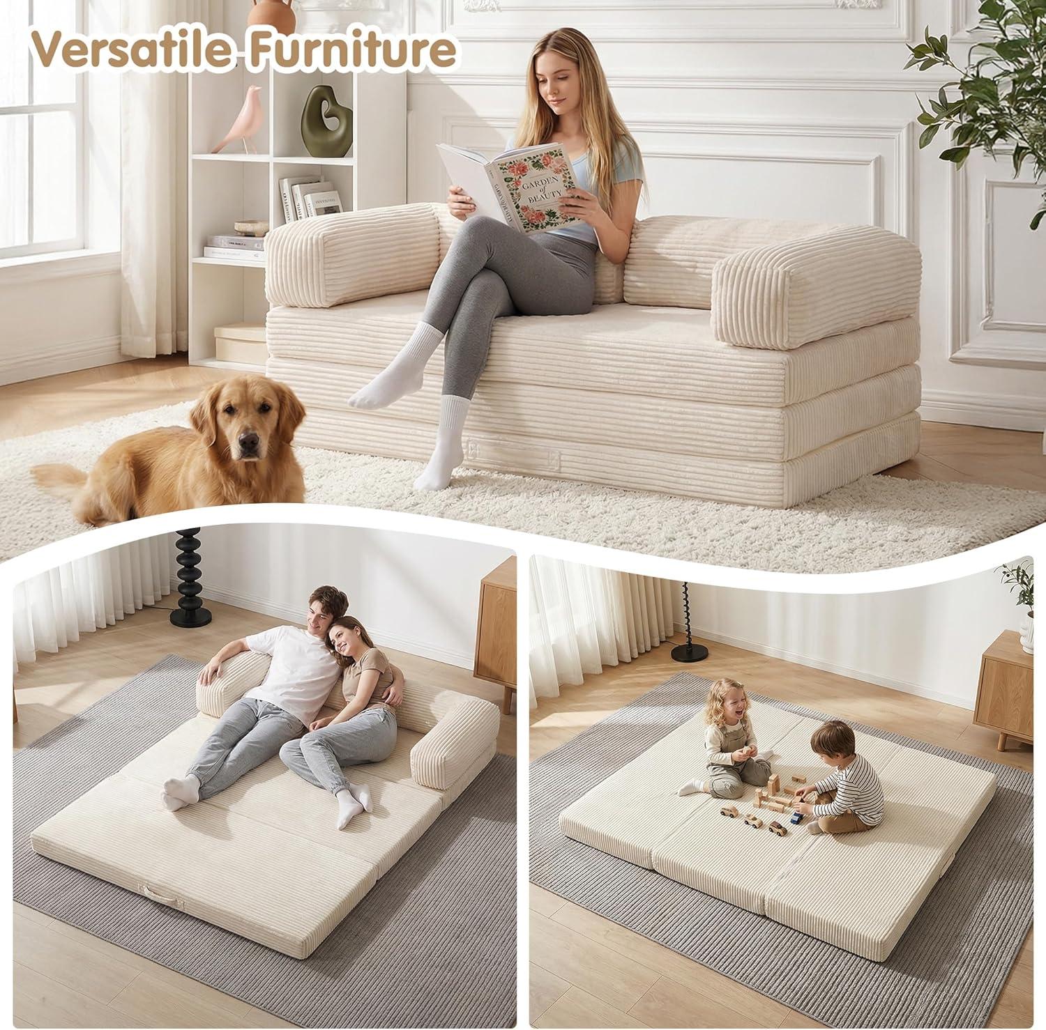 Winzoo 5-in-1 Convertible Sofa Bed,Boneless Couch Tri Folding Floor Mattress with Removable L-Shaped Armrests & Handle,Corduroy Futon Couch Sleeper with Pull Out Bed for Living Room Bedroom Apartment