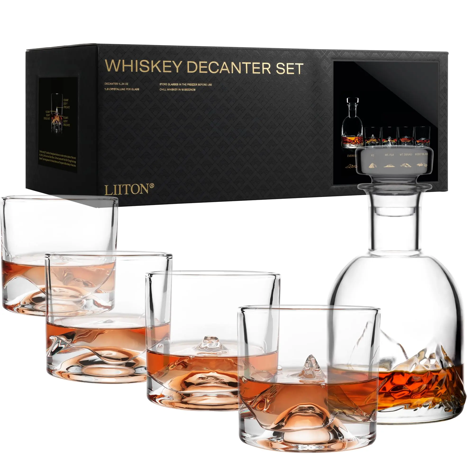 LIITON Whiskey Decanter Set - 1000 ML Decanter, 4 Modern Fashioned Glasses, Freezer-Safe Ice Cubes, Chill Charge System, Home Bar Accessories - Premium Luxury Gift for Men, Ideal for Vodka, Scotch (Scale)