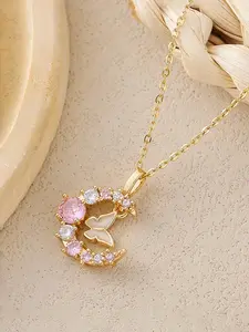 Elegant Zircon Moon Butterfly Pendant Necklace, Stainless Steel Chain, Sweet Women's Jewelry, Perfect Gift for Daily Wear, Moon Goddess Pendant, Fashion Necklace