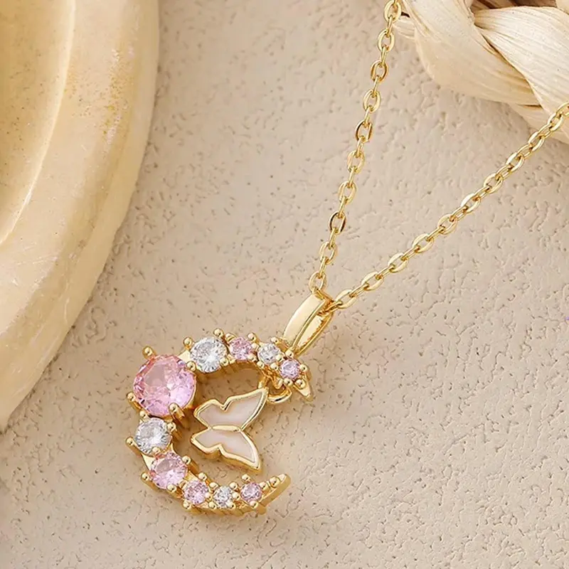 Elegant Zircon Moon Butterfly Pendant Necklace, Stainless Steel Chain, Sweet Women's Jewelry, Perfect Gift for Daily Wear, Moon Goddess Pendant, Fashion Necklace, Zircon Stones Necklace, Pendants Necklaces