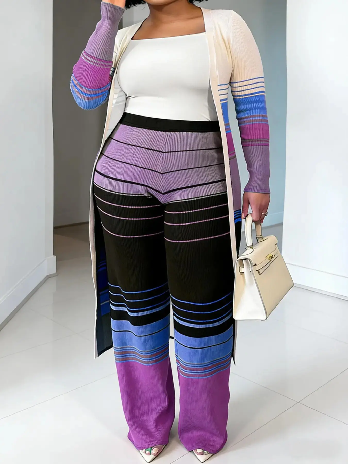 [Plus Size] Colorblock Striped Print Long Sleeve Outerwear & Pants Set, Casual Fashion Cozy Two Piece Set Outfit for Daily Outdoor Wear, Women Clothing for Spring & Fall