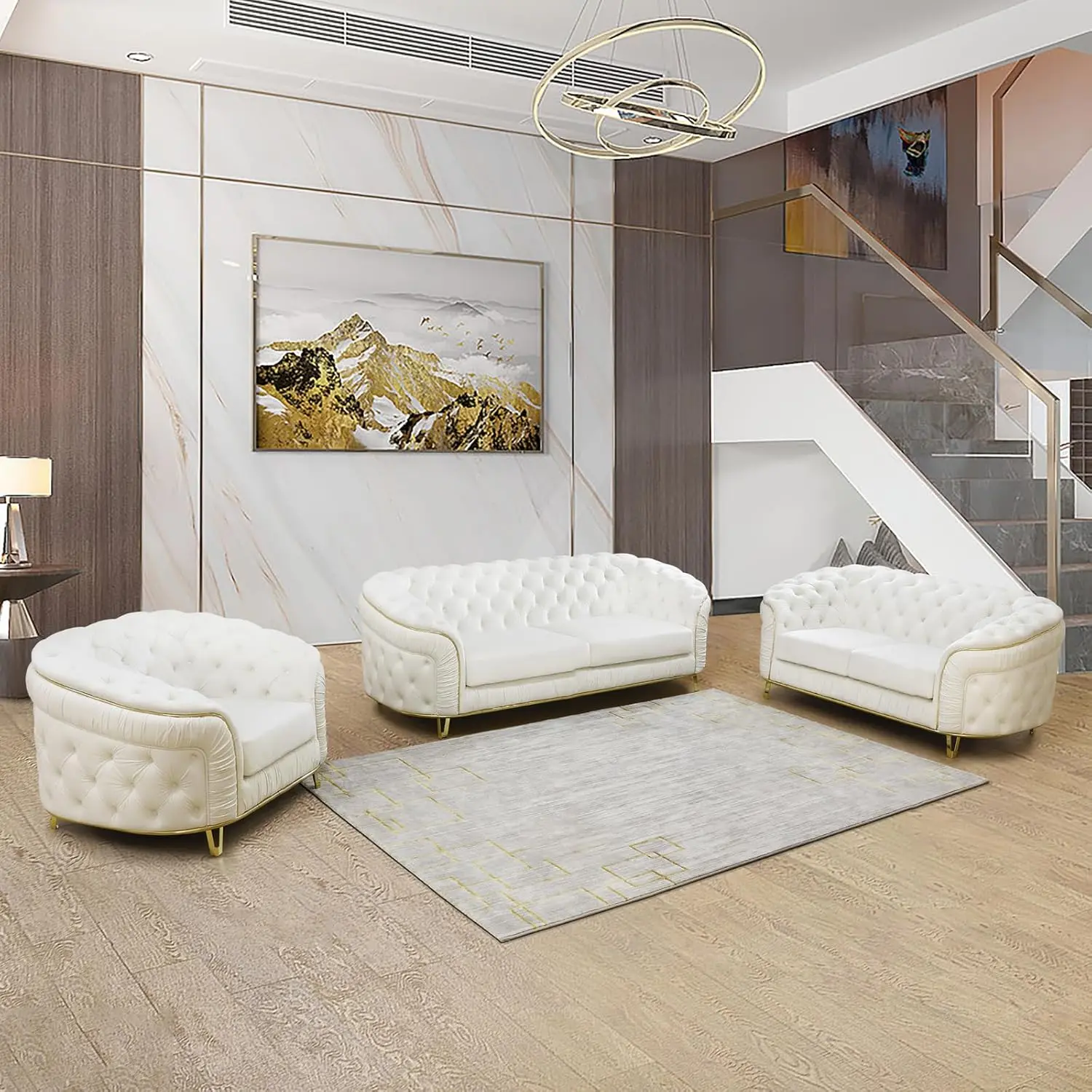 Modern Luxury 3-Piece Sofa Set with Button Tufting & Metal Legs in White Leather for Living Room & Home Office
